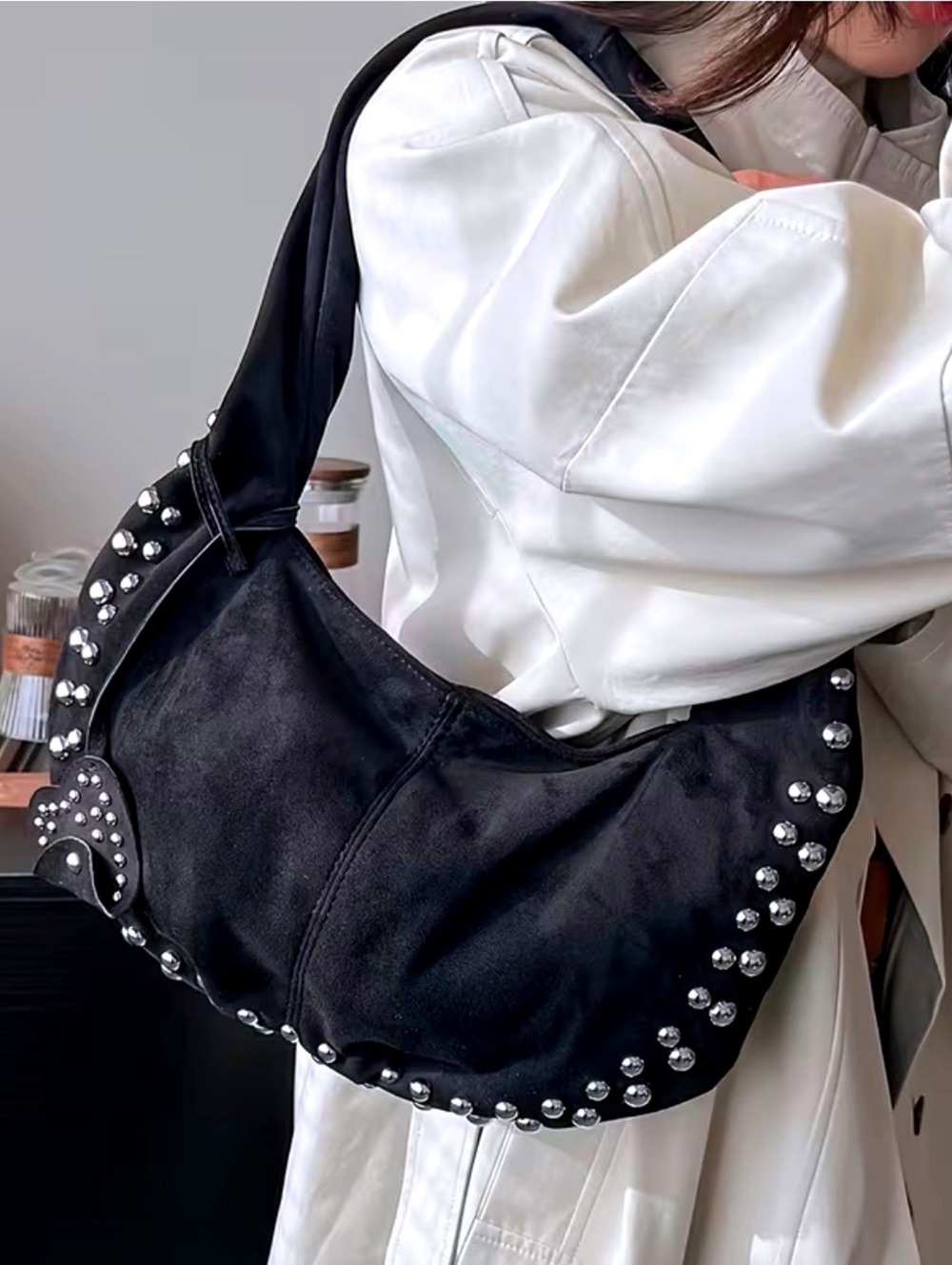 New -Chic -Soft Faux Suede Studded Shoulder Bag -Black